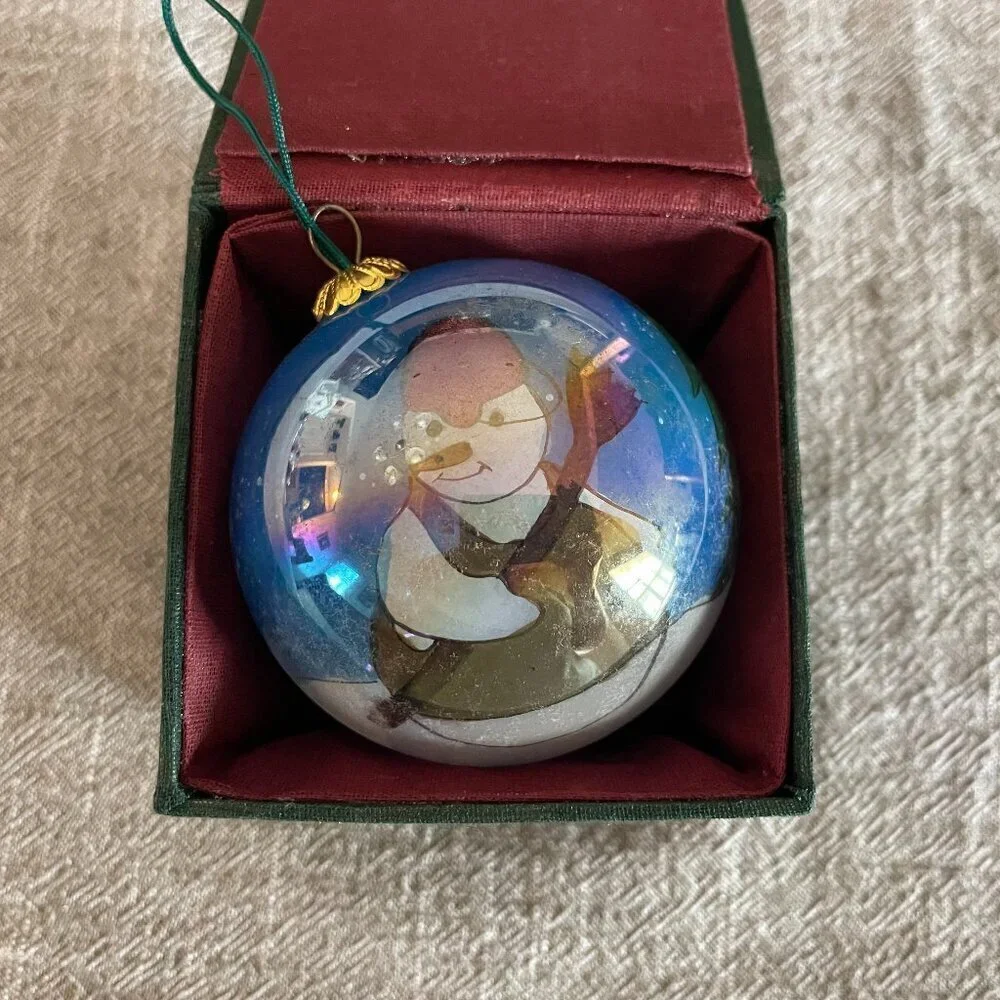 Vintage Hand Painted Snowman with Tree Round Glass Ornament Holiday!